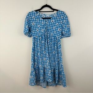 Primark Blue Gingham Floral Mini Dress Ruffle Bottom Size 8